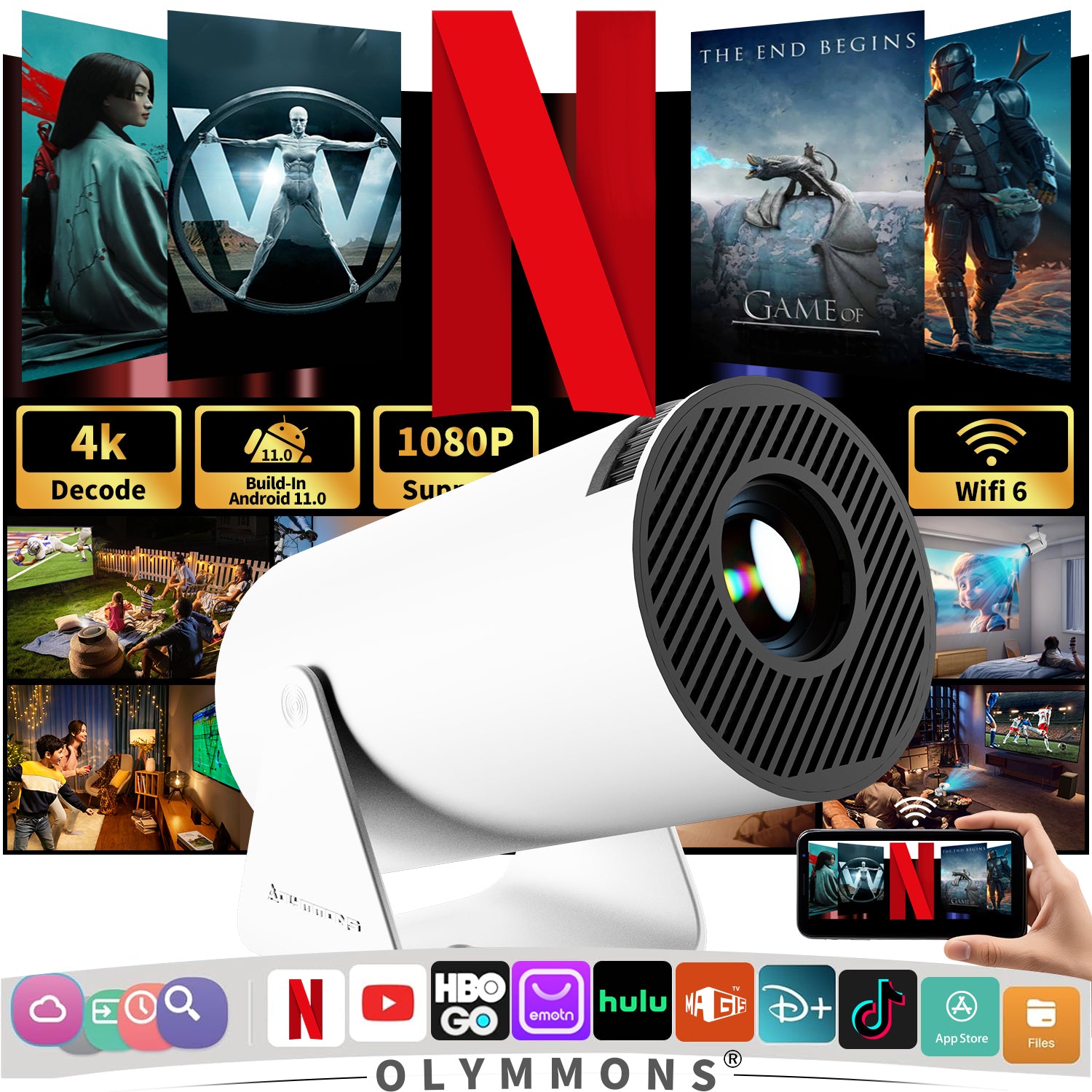 Portable Mini Projector with WiFi 6 1080P Video Projector